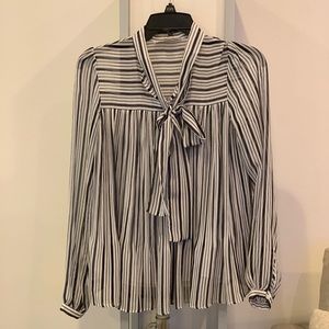 Michael Kors White/Navy Stripe Tie-Neck Blouse XXS